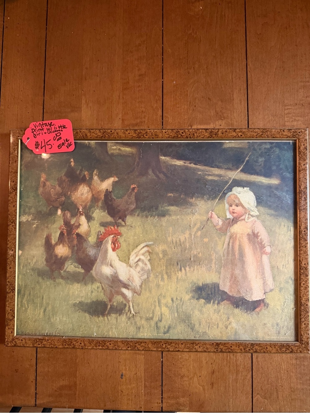 Vintage Framed Pastoral Print - Little Girl with Chickens